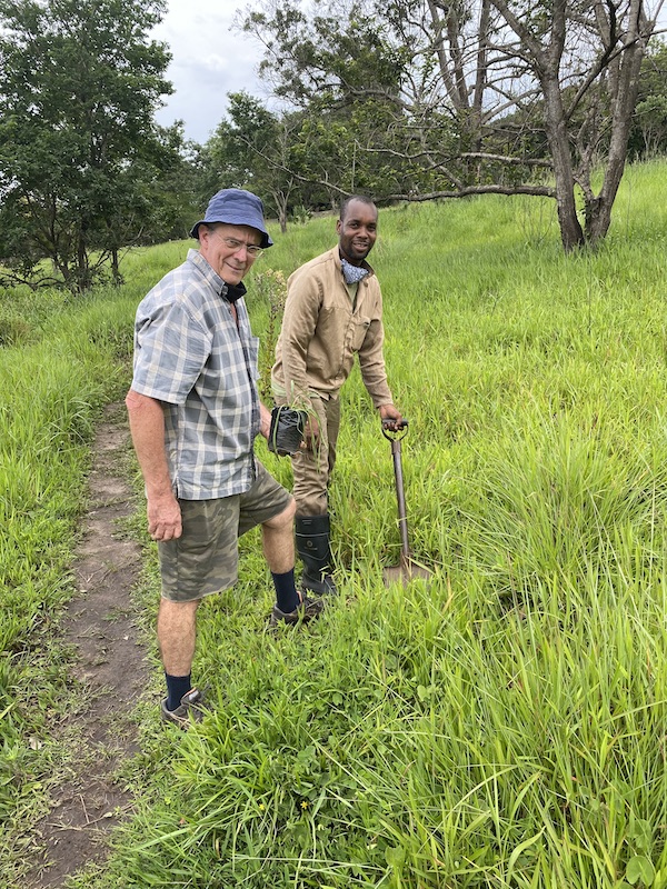 Ian Sandison and Dumsani Mabika planting some new species in the grassland in 2020.